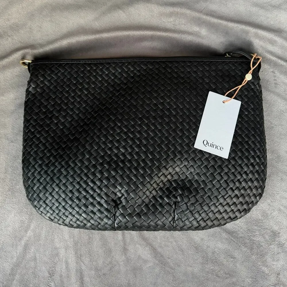 Quince Italian Leather Convertible Crescent Handwoven Shoulder Bag Black NWT